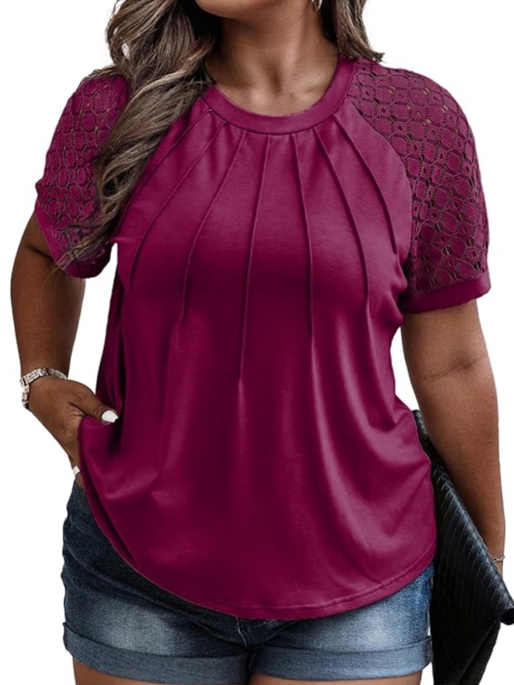 Berry Pink Lace Short Sleeve T Tee Shirt Crewneck Casual Blouse Top Plus 3X NEW